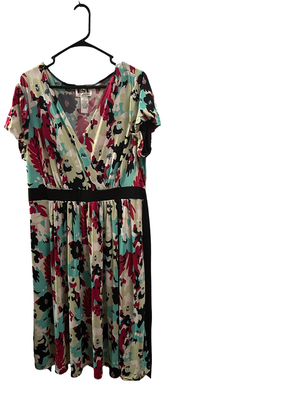 Printed Wrap-Style Midi Dress in Teal, Magenta & Black